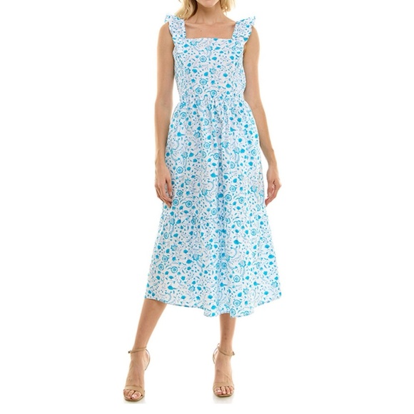 Draper James Flutter Ruffle Strap Midi Dress Blue Floral Paisley Cottagecore med - Picture 1 of 7